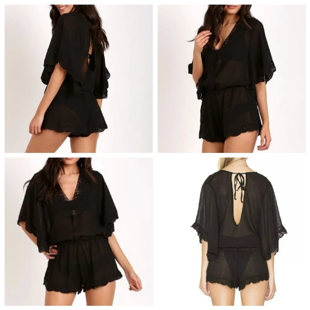 NWT Eberjey M/L Black Sol Liberty Lace‎ Trimmed Romper Swim Cover-Up Beachy